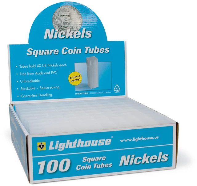 Main image of LIGHTHOUSE - Square Coin Tubes - Convenient Push Top, Virtually Unbreakable, Acid Free and Archival Quality - Coin Tubes for US Nickels, 100 Pack