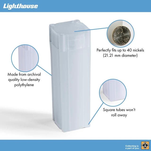 Alt view image 3 of 5 - LIGHTHOUSE - Square Coin Tubes - Convenient Push Top, Virtually Unbreakable, Acid Free and Archival Quality - Coin Tubes for US Nickels, 100 Pack