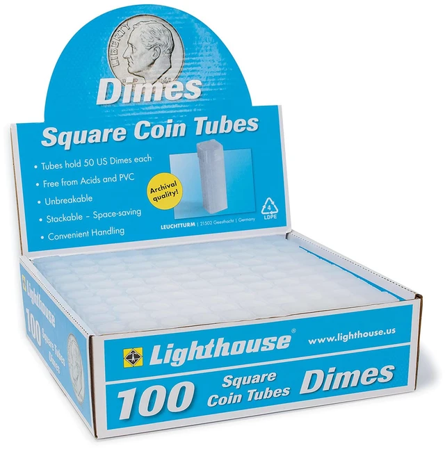 Main image of LIGHTHOUSE - Square Coin Tubes - Convenient Push Top, Virtually Unbreakable, Acid Free and Archival Quality - Coin Tubes for US Dimes, 100 Pack