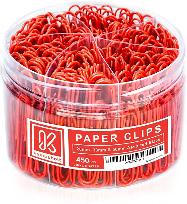 Main image of 450 Red Color Paper Clips Assorted Sizes Small, Medium and Large Paper Clips for Paperwork Ideal for Home, School and Office Use (Assorted, Red)