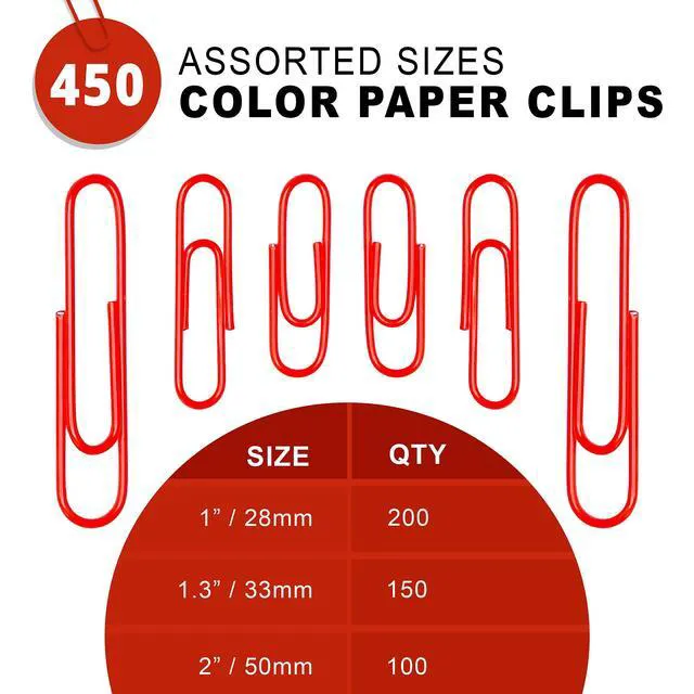 Alt view image 2 of 7 - 450 Red Color Paper Clips Assorted Sizes Small, Medium and Large Paper Clips for Paperwork Ideal for Home, School and Office Use (Assorted, Red)
