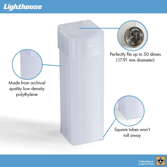 Alt view image 3 of 5 - LIGHTHOUSE - Square Coin Tubes - Convenient Push Top, Virtually Unbreakable, Acid Free and Archival Quality - Coin Tubes for US Dimes, 100 Pack