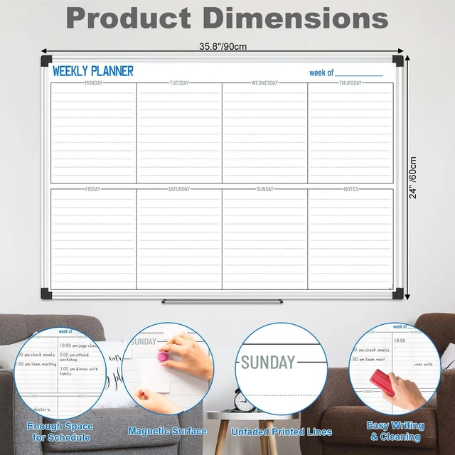 Alt view image 3 of 7 - XBoard Magnetic Weekly Planner Whiteboard 36 x 24 Inches Versatile Dry Erase Weekly Calendar with Aluminum Frame for Home, Office, School Organization