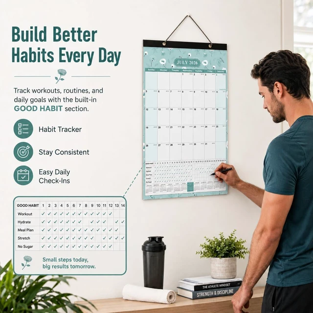 Alt view image 2 of 7 - Large Wall Calendar 2026-2027, 18 Months, Jul 2026-Dec 2027, 15x22, Floral Habit Tracker, Wall or Desk Use, Bonus Planning StickersSpacious Writing Blocks, Julian Dates & Full-Year Reference