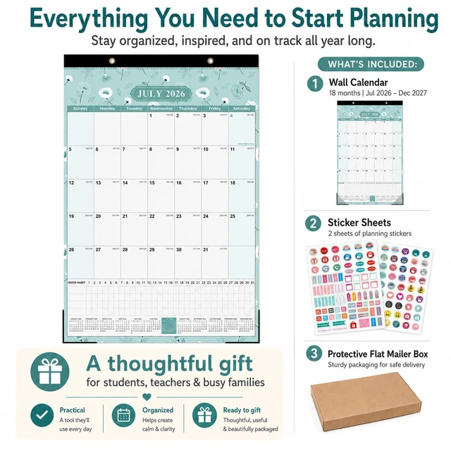 Alt view image 3 of 7 - Large Wall Calendar 2026-2027, 18 Months, Jul 2026-Dec 2027, 15x22, Floral Habit Tracker, Wall or Desk Use, Bonus Planning StickersSpacious Writing Blocks, Julian Dates & Full-Year Reference