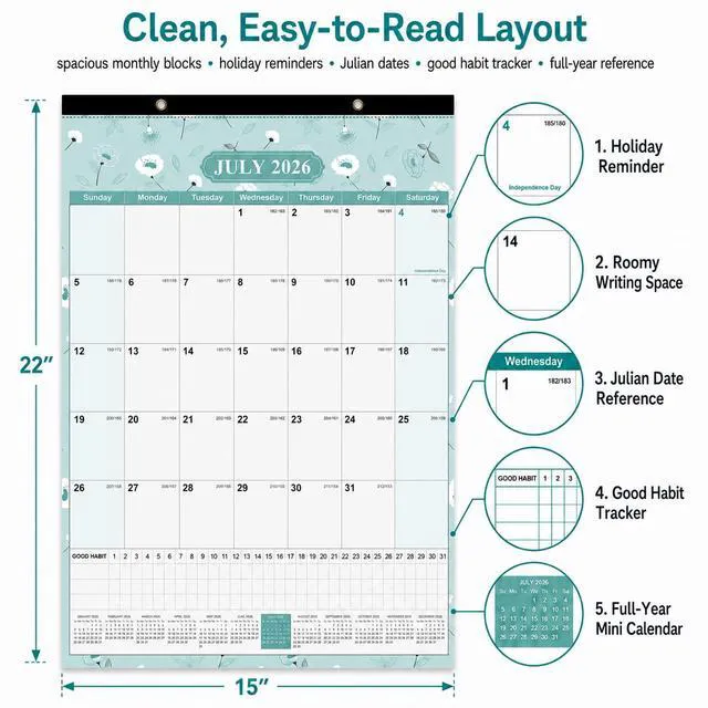 Alt view image 4 of 7 - Large Wall Calendar 2026-2027, 18 Months, Jul 2026-Dec 2027, 15x22, Floral Habit Tracker, Wall or Desk Use, Bonus Planning StickersSpacious Writing Blocks, Julian Dates & Full-Year Reference