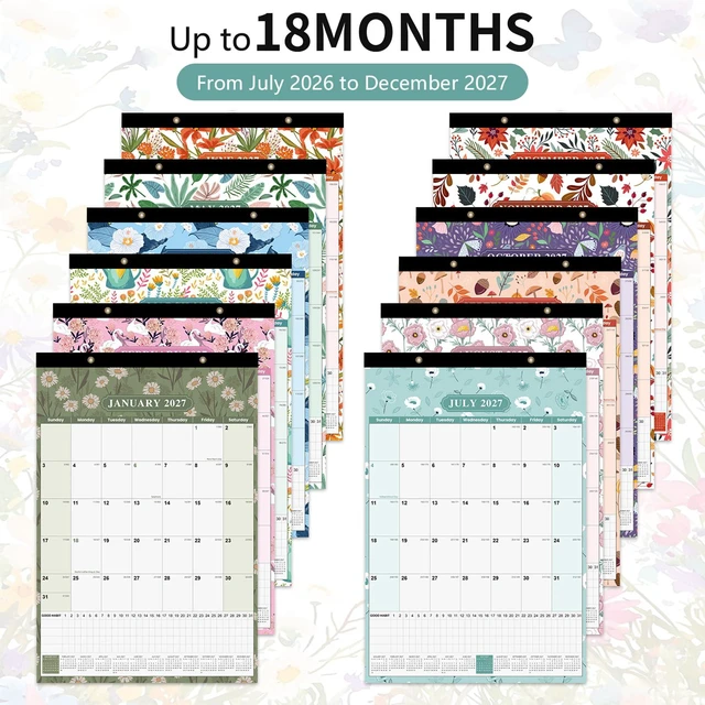 Alt view image 5 of 7 - Large Wall Calendar 2026-2027, 18 Months, Jul 2026-Dec 2027, 15x22, Floral Habit Tracker, Wall or Desk Use, Bonus Planning StickersSpacious Writing Blocks, Julian Dates & Full-Year Reference