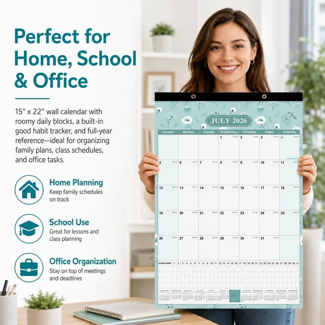 Alt view image 7 of 7 - Large Wall Calendar 2026-2027, 18 Months, Jul 2026-Dec 2027, 15x22, Floral Habit Tracker, Wall or Desk Use, Bonus Planning StickersSpacious Writing Blocks, Julian Dates & Full-Year Reference
