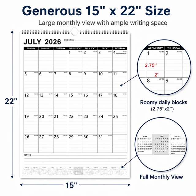 Alt view image 2 of 7 - Large Wall Calendar 2026-2027 18-Month, Jul 2026-Dec 2027, 15x22in Extra Large Hanging Calendar Spacious Lined Blocks, 120 GSM Thick Paper, Twin-Wire Binding, Bonus Planner Stickers