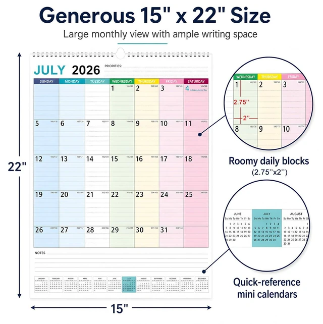 Alt view image 2 of 7 - Large Wall Calendar 2026-2027, 18-Month, Jul 2026-Dec 2027, 15x22in Hanging Calendar, Monthly Design, 120 GSM Thick Paper, Spacious Writing Blocks, Bonus Stickers