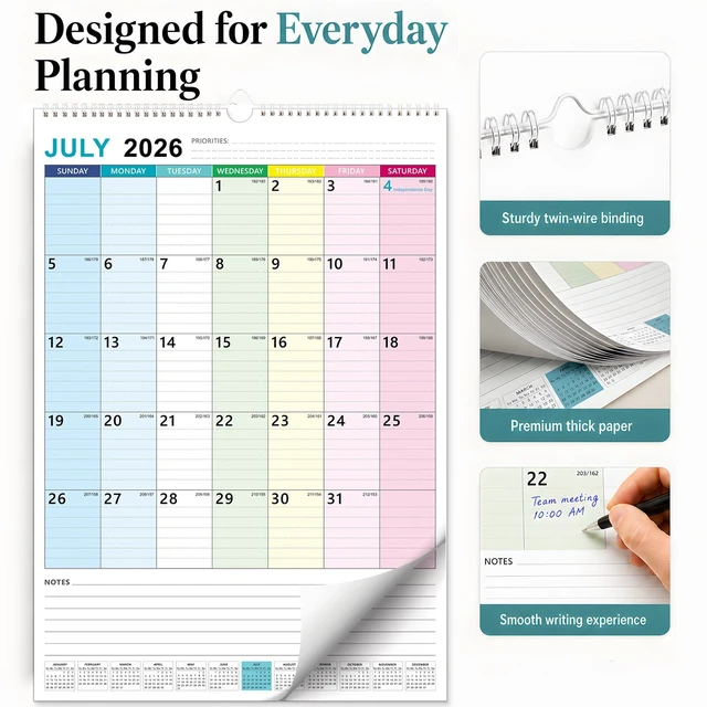 Alt view image 3 of 7 - Large Wall Calendar 2026-2027, 18-Month, Jul 2026-Dec 2027, 15x22in Hanging Calendar, Monthly Design, 120 GSM Thick Paper, Spacious Writing Blocks, Bonus Stickers