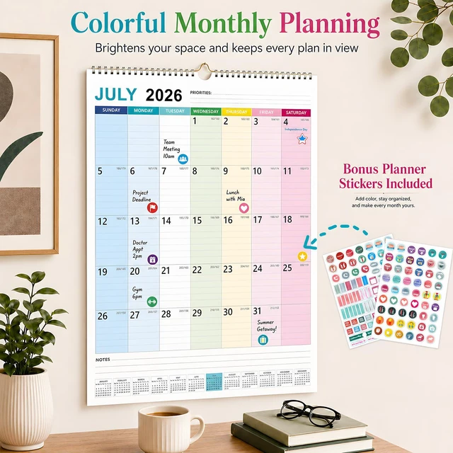Alt view image 4 of 7 - Large Wall Calendar 2026-2027, 18-Month, Jul 2026-Dec 2027, 15x22in Hanging Calendar, Monthly Design, 120 GSM Thick Paper, Spacious Writing Blocks, Bonus Stickers