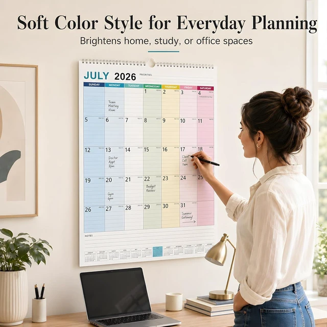Alt view image 5 of 7 - Large Wall Calendar 2026-2027, 18-Month, Jul 2026-Dec 2027, 15x22in Hanging Calendar, Monthly Design, 120 GSM Thick Paper, Spacious Writing Blocks, Bonus Stickers
