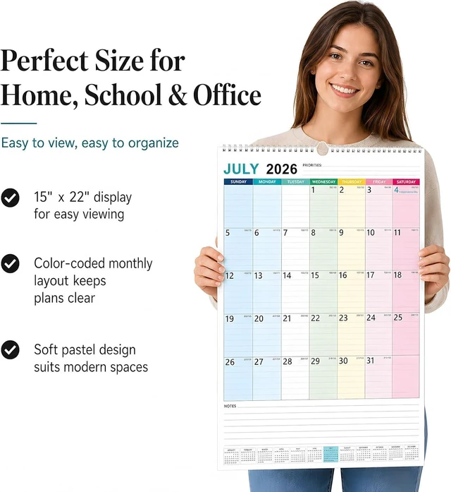 Alt view image 7 of 7 - Large Wall Calendar 2026-2027, 18-Month, Jul 2026-Dec 2027, 15x22in Hanging Calendar, Monthly Design, 120 GSM Thick Paper, Spacious Writing Blocks, Bonus Stickers
