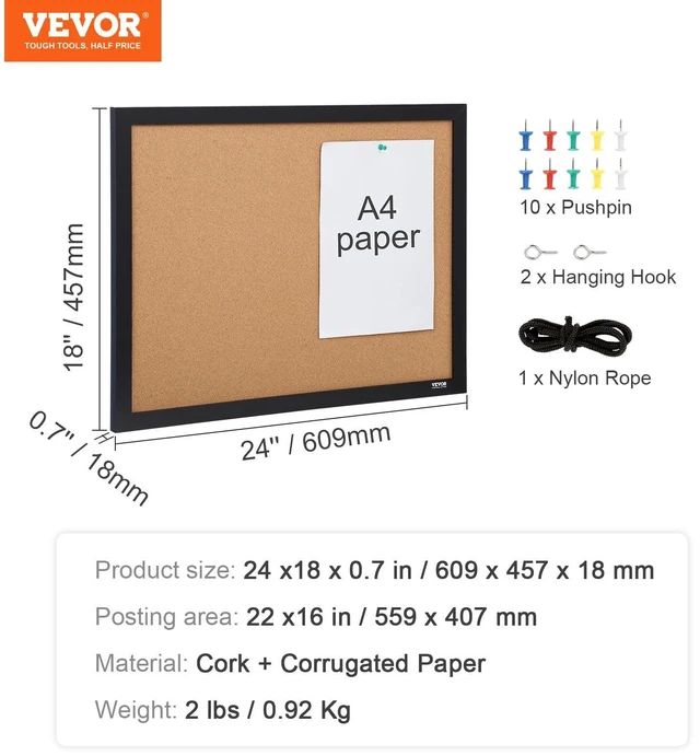 Alt view image 7 of 7 - Cork Board for Walls, Double-Sided Cork 24" x 18" Bulletin Board Vision Board, Push Pin Board with Framed for Office Home and School