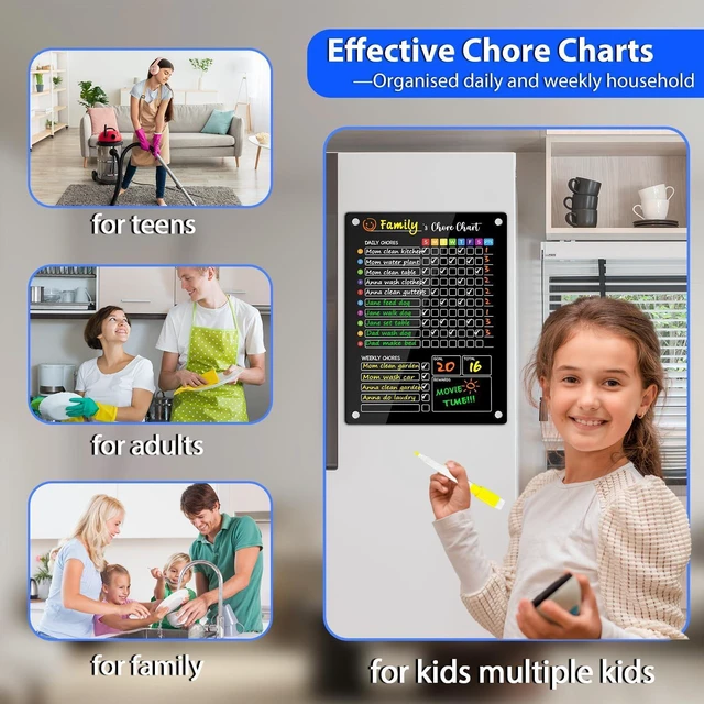Alt view image 5 of 7 - Black Acrylic Magnetic Chore Chart for Kids, 12x16 Inch, 2 Pack Large Clear Dry Erase Fridge Reward Board for Multiple Kids and Teens; Embedded Magnets; 12 Wet-Erase Markers and Towel