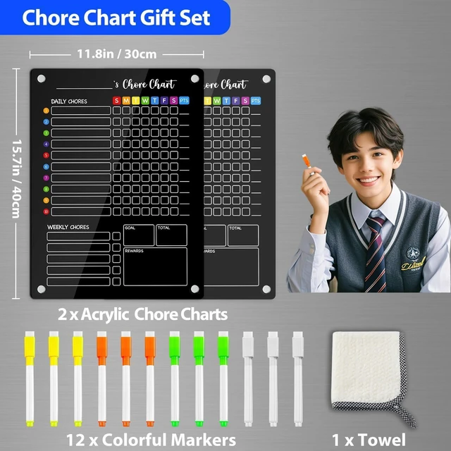 Alt view image 6 of 7 - Black Acrylic Magnetic Chore Chart for Kids, 12x16 Inch, 2 Pack Large Clear Dry Erase Fridge Reward Board for Multiple Kids and Teens; Embedded Magnets; 12 Wet-Erase Markers and Towel