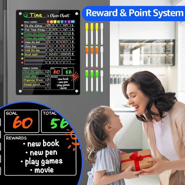 Alt view image 7 of 7 - Black Acrylic Magnetic Chore Chart for Kids, 12x16 Inch, 2 Pack Large Clear Dry Erase Fridge Reward Board for Multiple Kids and Teens; Embedded Magnets; 12 Wet-Erase Markers and Towel