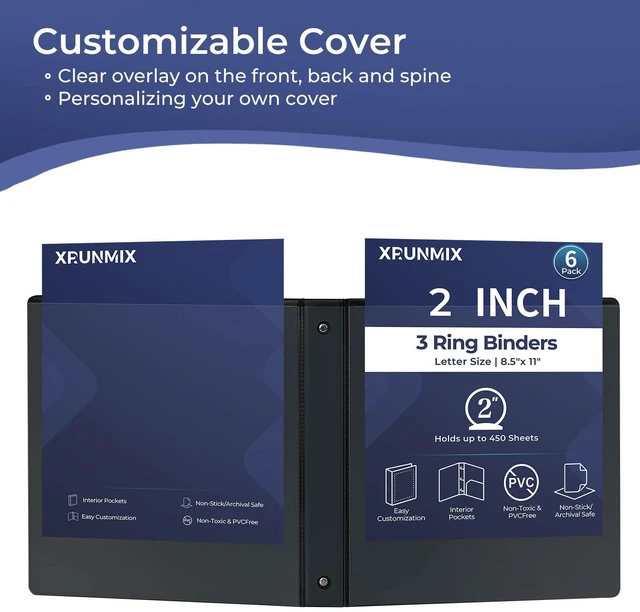 Alt view image 3 of 7 - 1-1/2'' 2-Inch 3-Ring Binder with Pockets, Premium View Binders with Three Ring Binders Holds up to 200/325/450 Sheets US Letter Size, Bulk Pack of 6 (2-inch Black)