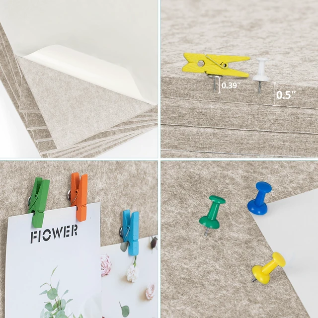 Alt view image 5 of 7 - Cork Bulletin Board 12x12, 1/2" Thick Felt Cork Board Tiles 6 Pack, Small Square Pin Board for Wall, Self Adhesive Corkboards with 60 Push Pin Wood Clips for School, Home & Office, Latte