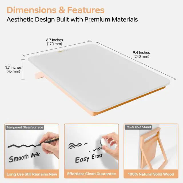Alt view image 3 of 7 - Desktop Glass Whiteboard with Reversible Wood Stand 9.5"x6.7" Solid Beech Wood & Tempered Glass, Desk Dry Erase Board, Small White Board, For Home & Office