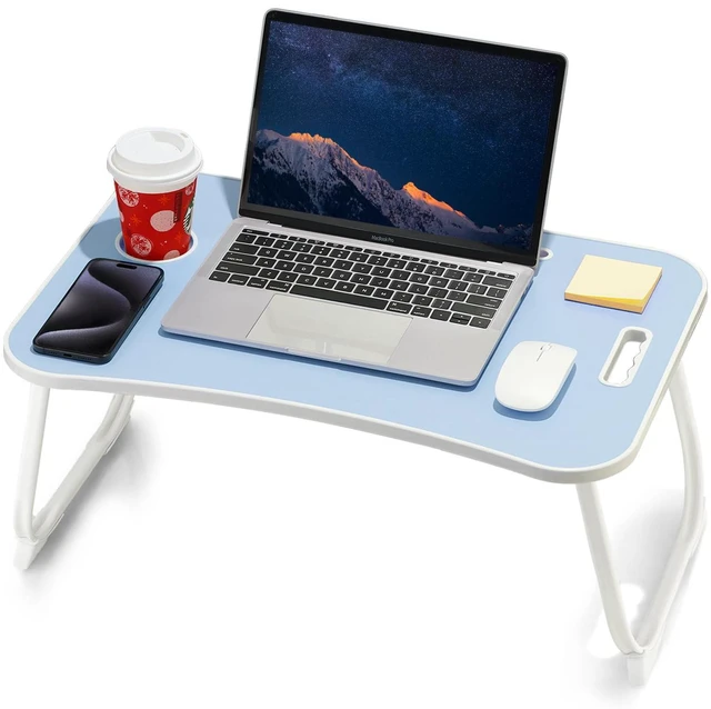 Main image of Laptop Bed Desk, Foldable Lap Desk, Portable Lap Table, Laptop Stand with Cup Holder, Tablet Slot & Lifting Handle for Work, Write, Draw & Eat on Bed, Sofa or Couch - Blue