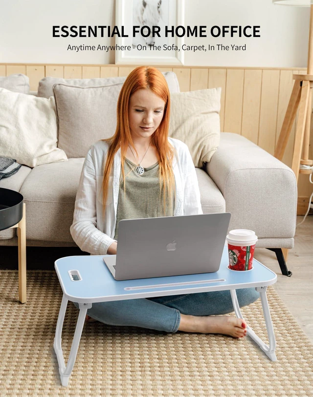 Alt view image 4 of 6 - Laptop Bed Desk, Foldable Lap Desk, Portable Lap Table, Laptop Stand with Cup Holder, Tablet Slot & Lifting Handle for Work, Write, Draw & Eat on Bed, Sofa or Couch - Blue