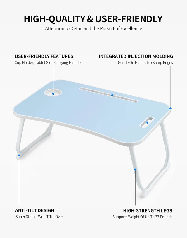Alt view image 5 of 6 - Laptop Bed Desk, Foldable Lap Desk, Portable Lap Table, Laptop Stand with Cup Holder, Tablet Slot & Lifting Handle for Work, Write, Draw & Eat on Bed, Sofa or Couch - Blue