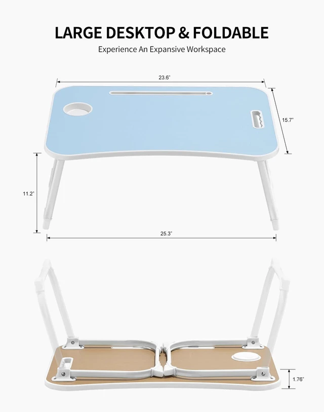 Alt view image 6 of 6 - Laptop Bed Desk, Foldable Lap Desk, Portable Lap Table, Laptop Stand with Cup Holder, Tablet Slot & Lifting Handle for Work, Write, Draw & Eat on Bed, Sofa or Couch - Blue