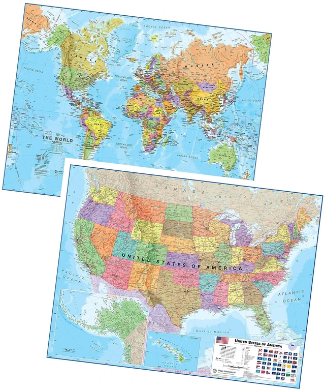 Main image of Laminated World Map & US Map Poster Pack - 17 x 22 in - of the World - & United States - Detailed Cartography