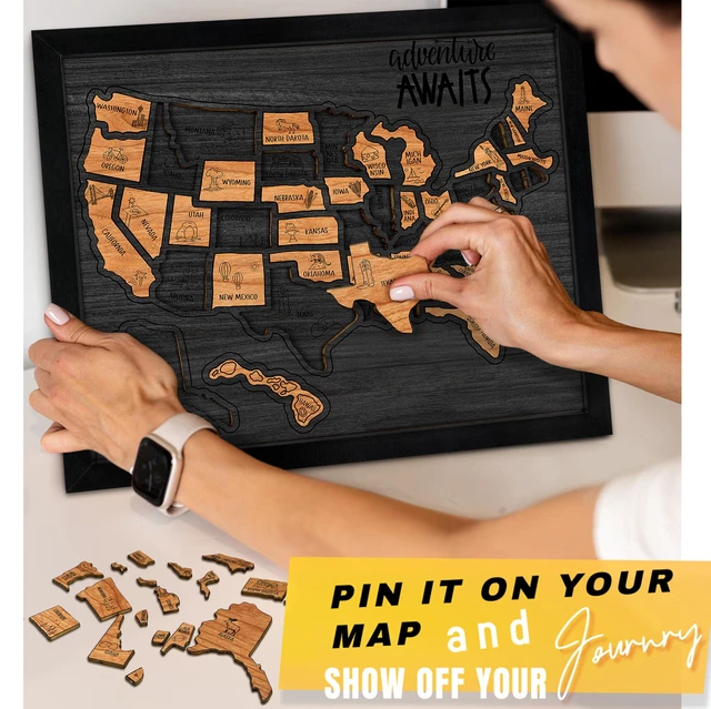 Alt view image 3 of 7 - USA Landmarks Travel Map, 13x11, Wooden USA Map Puzzle, Perfect for Couples and Families Gift