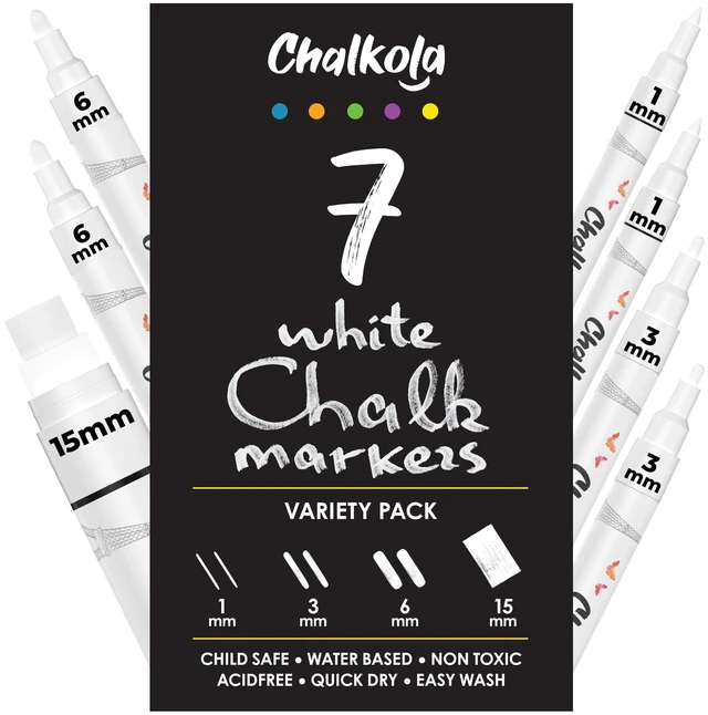 Main image of 7 White Window Chalk Markers for Car Glass (1mm, 3mm, 6mm, 15mm) Washable Fine Tip, Bold & Jumbo Size - Dry Erase Liquid Chalk Pens Erasable for Blackboard, Chalkboard Signs, Bistro