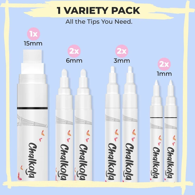 Alt view image 2 of 7 - 7 White Window Chalk Markers for Car Glass (1mm, 3mm, 6mm, 15mm) Washable Fine Tip, Bold & Jumbo Size - Dry Erase Liquid Chalk Pens Erasable for Blackboard, Chalkboard Signs, Bistro