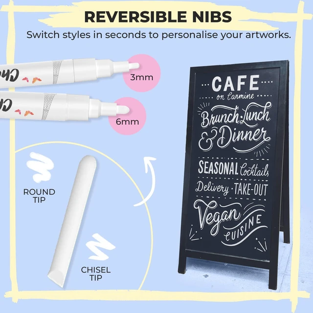 Alt view image 4 of 7 - 7 White Window Chalk Markers for Car Glass (1mm, 3mm, 6mm, 15mm) Washable Fine Tip, Bold & Jumbo Size - Dry Erase Liquid Chalk Pens Erasable for Blackboard, Chalkboard Signs, Bistro