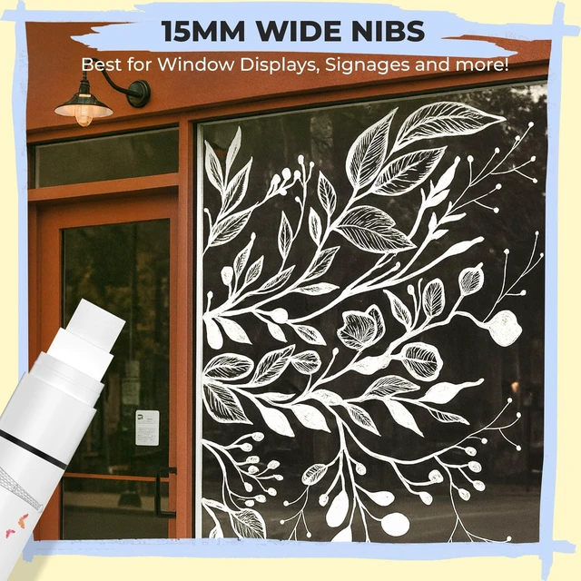 Alt view image 5 of 7 - 7 White Window Chalk Markers for Car Glass (1mm, 3mm, 6mm, 15mm) Washable Fine Tip, Bold & Jumbo Size - Dry Erase Liquid Chalk Pens Erasable for Blackboard, Chalkboard Signs, Bistro
