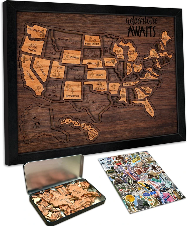 Main image of USA Landmarks Travel Map, 13x11, Wooden USA Map Puzzle, Perfect For Couples and Families Gift 0746270566692