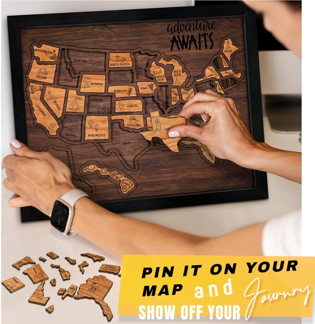 Alt view image 3 of 7 - USA Landmarks Travel Map, 13x11, Wooden USA Map Puzzle, Perfect For Couples and Families Gift 0746270566692