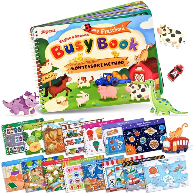 Main image of Preschool Busy Book for Toddlers Ages 3-5, English and Spanish 15 reusable themes with letters, numbers, colors and matching as autism learning material for home, class or travel