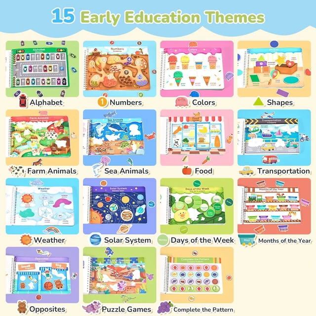Alt view image 3 of 6 - Preschool Busy Book for Toddlers Ages 3-5, English and Spanish 15 reusable themes with letters, numbers, colors and matching as autism learning material for home, class or travel
