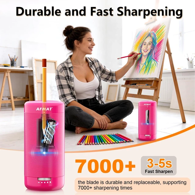 Alt view image 3 of 7 - Electric Pencil Sharpener, Fully Automatic Pencil Sharpener, Auto in & Out, Rechargeable Hands-Free Sharpeners for Jumbo & Colored Pencils (6.5-12mm), Portable for Home/Classroom/Office PSC2