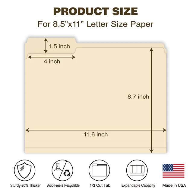 Alt view image 2 of 7 - Manilla Folders 8.5 x 11 File Folders Letter Size Manila Folder with 1/3 Cut Tab 100 Pack Paper Folders for Office, School, Home, Business Filing Supplies Made in USA