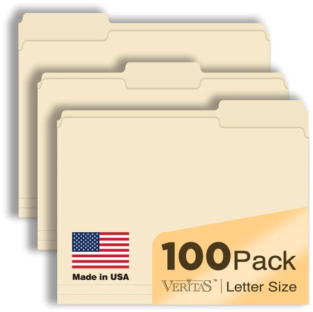 Main image of Manilla Folders 8.5 x 11 File Folders Letter Size Manila Folder with 1/3 Cut Tab 100 Pack Paper Folders for Office, School, Home, Business Filing Supplies Made in USA