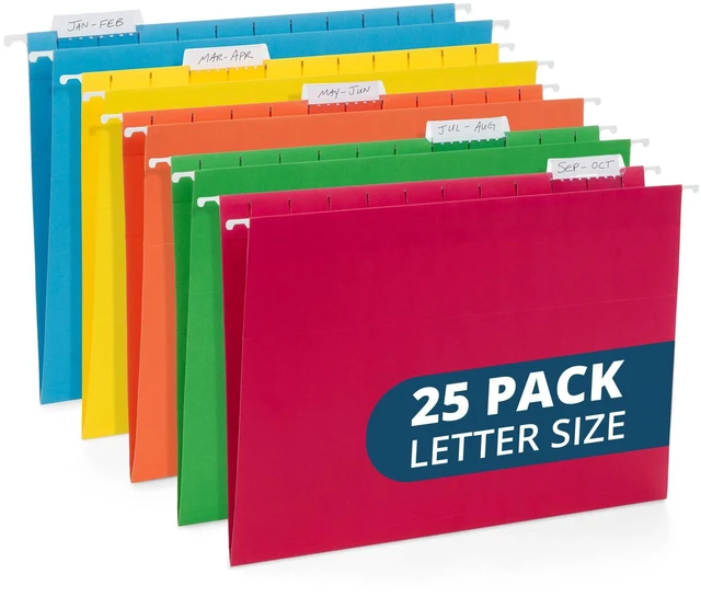Main image of 25 Hanging File Folders, Letter Size, Assorted Colors Includes Tabs and Labels; Reinforced Edges for Durable Color-Coded Filing and Organization in Home and Office Cabinets