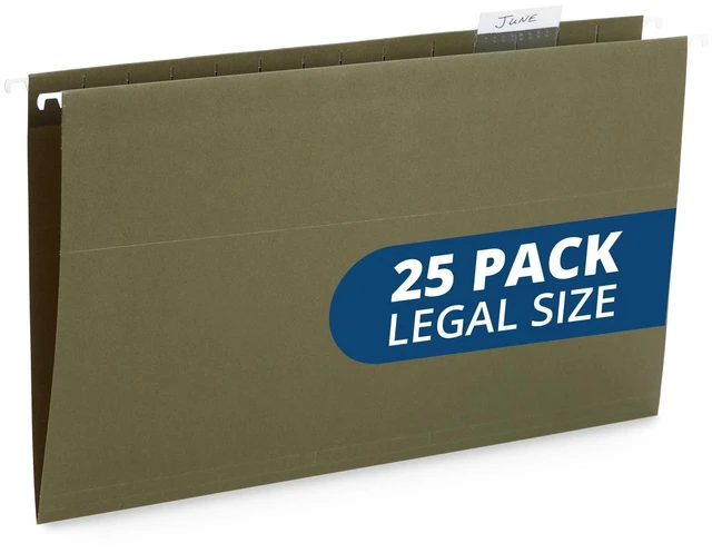 Main image of 25 Hanging File Folders, Legal Size, Green Reinforced 11pt, 1/5 Cut Tabs, Plastic Tabs and Inserts Included, for Filing Cabinet, Home, and Office Use