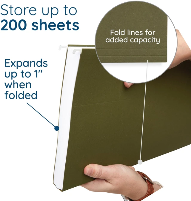 Alt view image 4 of 7 - 25 Hanging File Folders, Legal Size, Green Reinforced 11pt, 1/5 Cut Tabs, Plastic Tabs and Inserts Included, for Filing Cabinet, Home, and Office Use