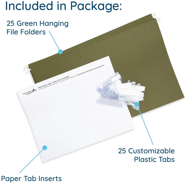 Alt view image 3 of 7 - 25 Hanging File Folders, Legal Size, Green Reinforced 11pt, 1/5 Cut Tabs, Plastic Tabs and Inserts Included, for Filing Cabinet, Home, and Office Use