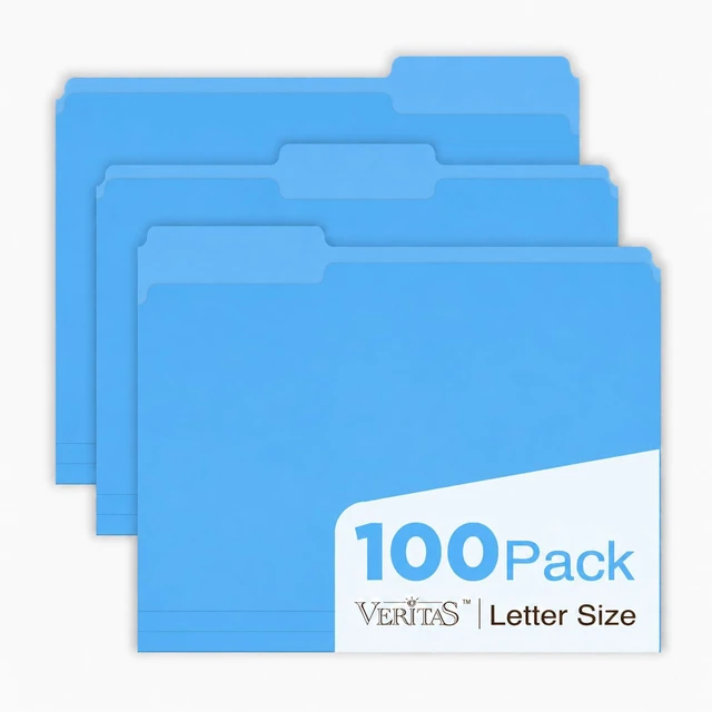 Main image of Blue File Folders 100 Pack, Letter Size 8.5 x 11, 1/3-Cut Tab Colored File Folders, Durable Everyday Folders for Office, School, Home & Business Filing Supplies