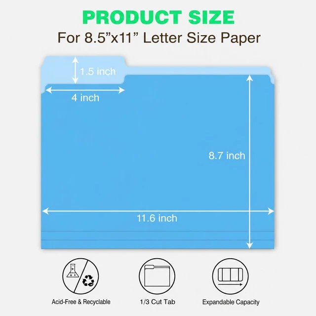 Alt view image 2 of 6 - Blue File Folders 100 Pack, Letter Size 8.5 x 11, 1/3-Cut Tab Colored File Folders, Durable Everyday Folders for Office, School, Home & Business Filing Supplies