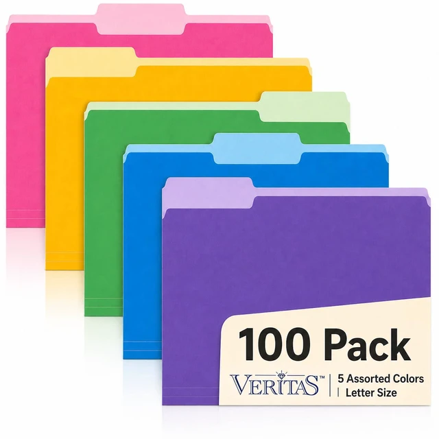 Main image of Assorted Colored File Folders 100 Pack, Letter Size 8.5 x 11, 1/3-Cut Tab Color File Folders for Office, School, Home & Business Filing Supplies, Pink Yellow Blue Green Purple