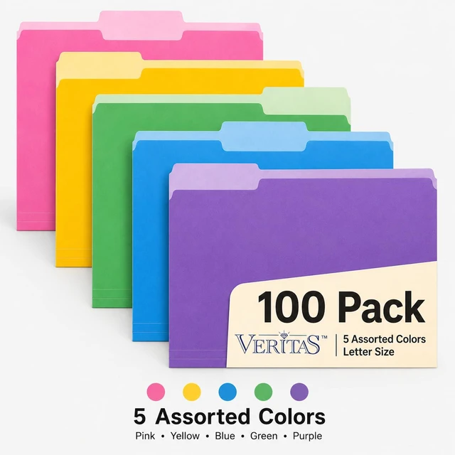 Alt view image 2 of 7 - Assorted Colored File Folders 100 Pack, Letter Size 8.5 x 11, 1/3-Cut Tab Color File Folders for Office, School, Home & Business Filing Supplies, Pink Yellow Blue Green Purple